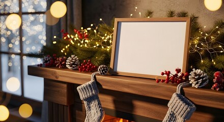 Blank frame on christmas mantelpiece with stockings and festive decorations