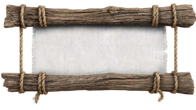 Horizontal rustic wooden sign with blank white fabric banner suspended by rope, isolated on transparent background