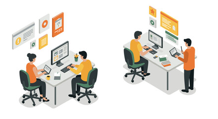 Isometric office workers at desks engaged in team collaboration and digital productivity
