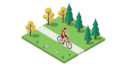 Isometric cyclist riding through forest on sunny day