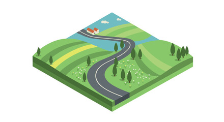 Obraz premium Isometric countryside road with rolling hills and trees