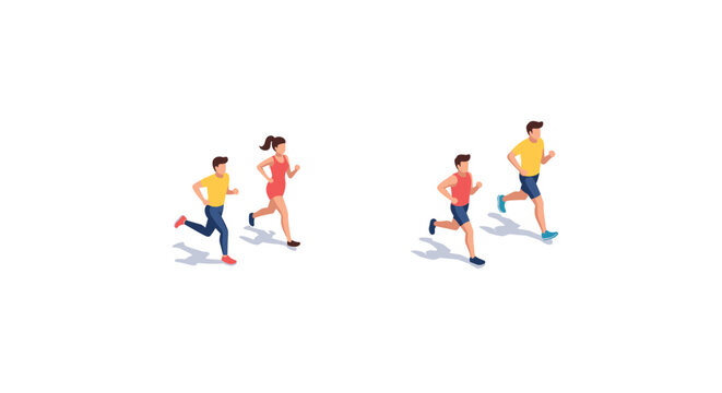 Isometric joggers running duo in athletic gear on white background