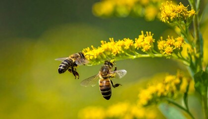 Bee pollinating yellow wildflowers in meadow