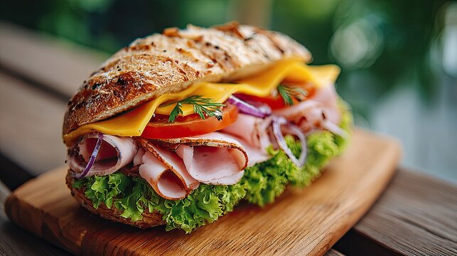 Sandwich with ham, cheese, lettuce, tomatoes, onions, on a wooden table