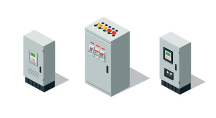 Obraz premium Isometric electrical control panels with switches and buttons on white background