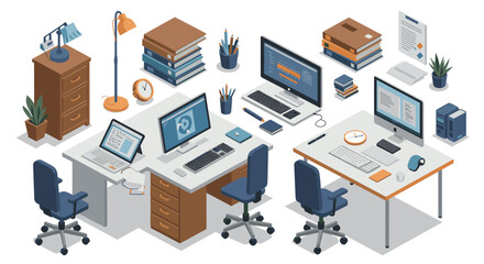 Obraz premium Modern office workspace with desk computers and accessories in isometric view