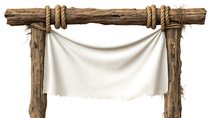 Rustic wooden archway with a blank white banner hanging from rope, isolated on transparent background