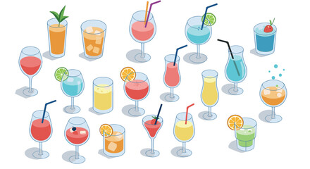 Assorted colorful cocktails in isometric style with garnishes and straws