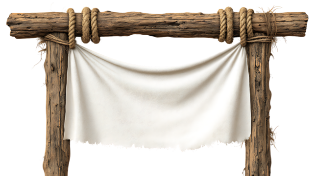 Rustic wooden archway with a blank white banner hanging from rope, isolated on transparent background - Powered by Adobe