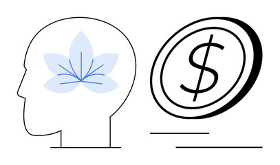 Human head outline with a flower symbolizing mindfulness next to a dollar coin representing financial thoughts. Ideal for wellness, finance, self-care, mental health, balance, personal growth