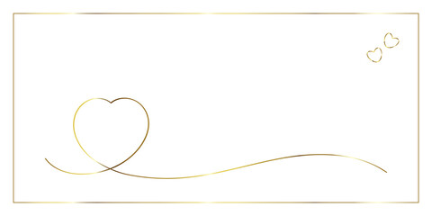 A minimalist greeting card with a gold frame and an elegant heart drawn in fine line. Perfect for wedding invitations, romantic messages, holidays and greetings. Vector. Image. Template. Gold.