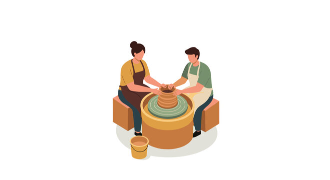 Pottery class illustration with potters crafting ceramic on wheel in flat design