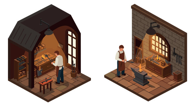 Artisan blacksmith in workshop crafting metal tools in isometric style