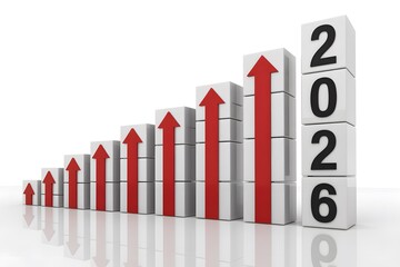 2026 business growth chart with rising red arrows showing increasing progress and success