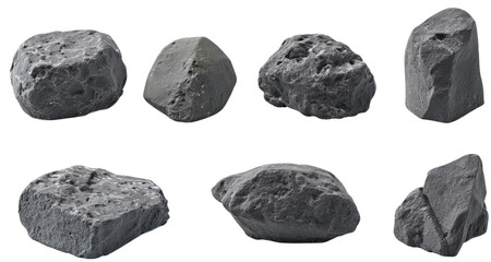 Collection of Seven Gray Rocks isolated on a transparent background