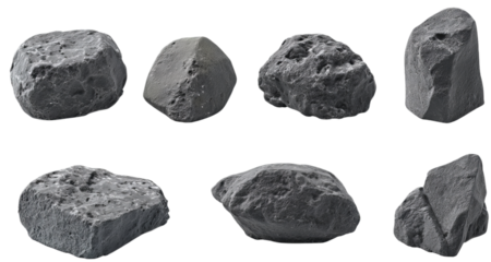 Collection of Seven Gray Rocks isolated on a transparent background