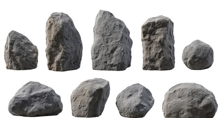 Collection of Natural Gray Rocks isolated on a transparent background