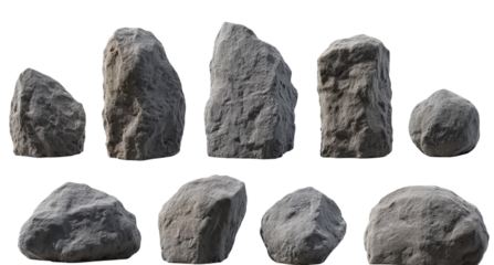Collection of Natural Gray Rocks isolated on a transparent background