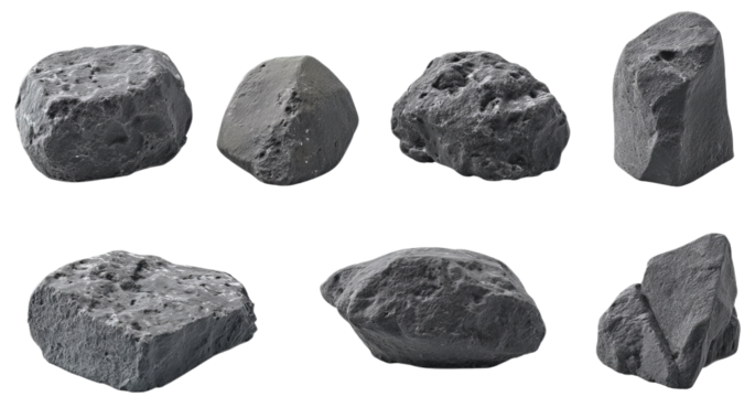 Collection of Seven Gray Rocks isolated on a transparent background
