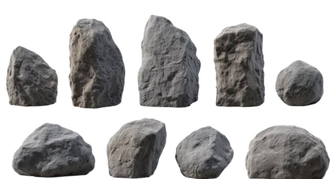 Collection of Natural Gray Rocks isolated on a transparent background