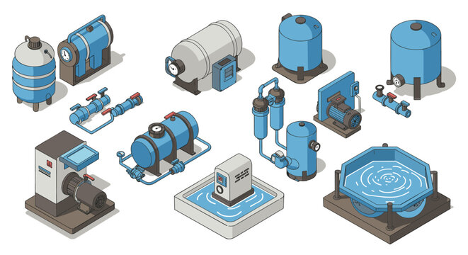 Isometric industrial water filtration equipment set in blue and gray tones