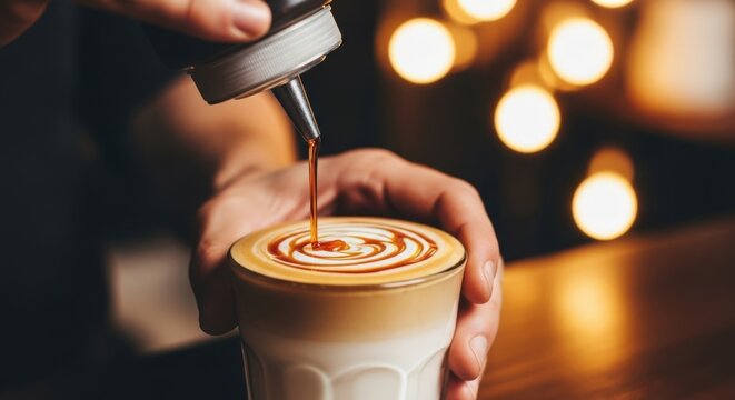 A close-up of a hand pouring syrup onto a latte in a cozy setting. The drink has a decorative foam art on top, perfect for Thanksgiving gatherings.