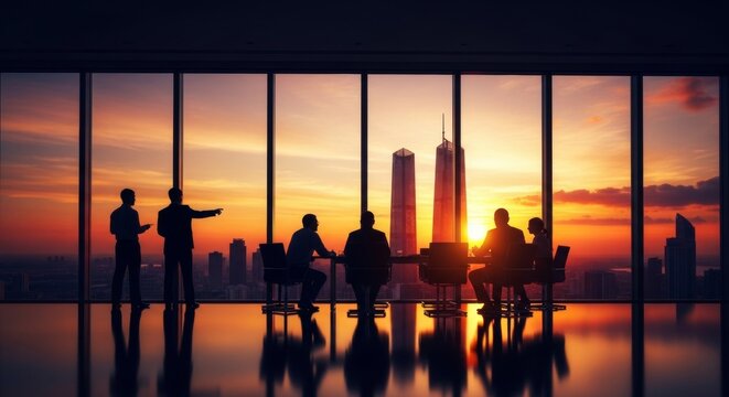 Business executives silhouetted in high-rise office meeting against sunset cityscape