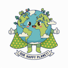 CUTE HAPPY EARTH PLANET SUPERHERO MASCOT VECTOR CARTOON ECO FRIENDLY ENVIRONMENT PROTECTION ILLUSTRATION