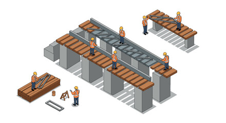 Construction workers assembling steel beams in isometric design