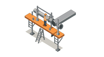 Isometric industrial worker inspecting pipeline on construction platform