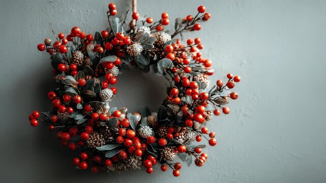 Festive Holiday Wreath with Red Berries, Silver Leaves, and Pine Cones Hanging on a Textured Gray Wall for Christmas Decoration