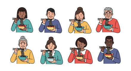 People eating ramen noodles in various styles