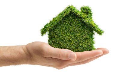 Hand holding a green house made of grass, isolated on transparent background