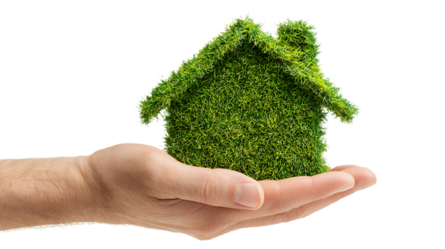 Hand holding a green house made of grass, isolated on transparent background