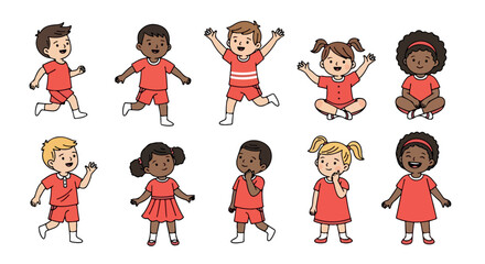 Happy children playing and posing in red outfits