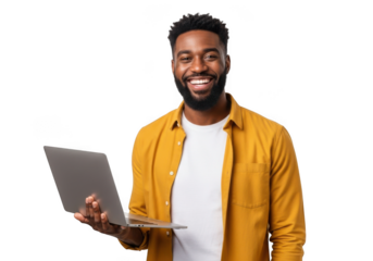 Smiling african american man holding a modern silver laptop computer with a white t shirt and orange shirt isolated on transparent background