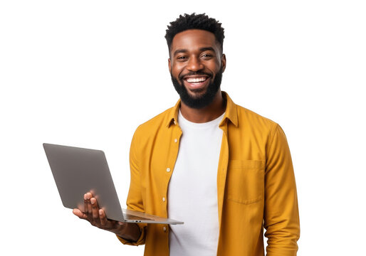 Smiling african american man holding a modern silver laptop computer with a white t shirt and orange shirt isolated on transparent background