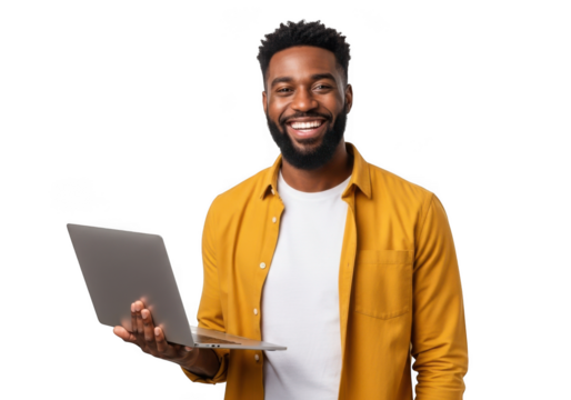 Smiling african american man holding a modern silver laptop computer with a white t shirt and orange shirt isolated on transparent background