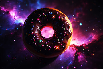 Chocolate glazed donut with vibrant sprinkles against a swirling galaxy