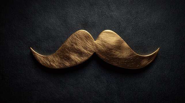 A lustrous golden mustache against a dark, textured background. The contrast highlights the mustache's elegant curve, perfect for style or classic charm themes. Gold finish, smooth texture.