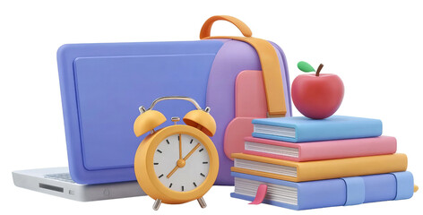 School backpack laptop alarm clock and books isolated on a transparent background