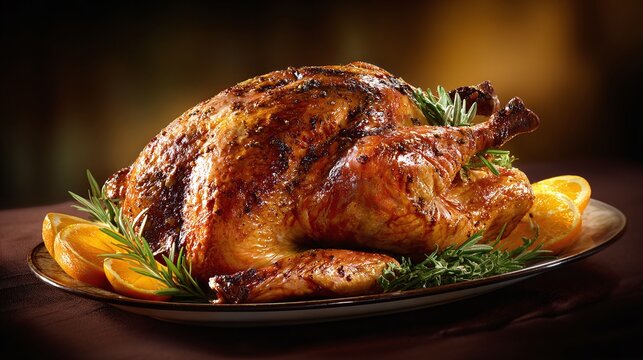 Celebrate the season with a perfectly roasted centerpiece! Golden brown perfection, adorned with rosemary sprigs and bright orange slices, ready to bring warmth to your table.