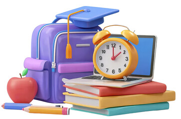 Purple backpack with graduation cap and school supplies isolated on a transparent background