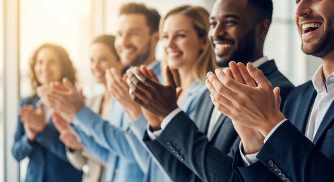 Diverse business team clapping and applauding in modern office