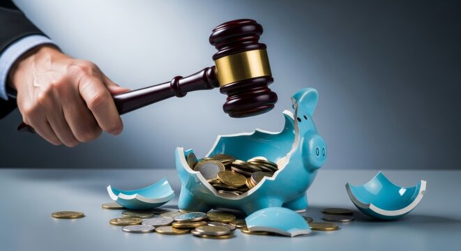 Gavel hitting broken piggy bank with spilled coins, symbolizing