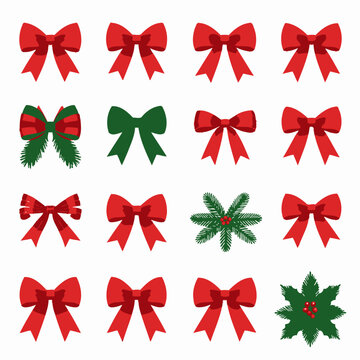 A collection of festive red and green bows and holiday decorations, including pine needles and holly, set against a white background.
