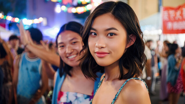 Two Asian women enjoy a lively outdoor street party with string lights.