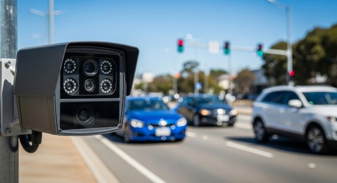 Traffic speed camera monitoring vehicles on urban road at intersection