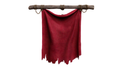 A tattered red banner or flag hanging from a wooden pole, isolated on transparent background