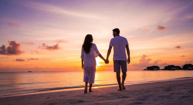 Romantic couple walking hand-in-hand on tropical beach at sunset with overwater bungalows